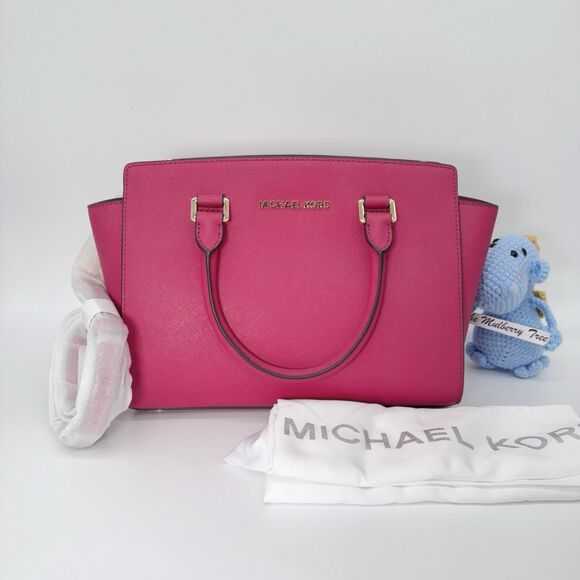 Michael Kors Medium Selma Leather Cranberry Pink Handle Crossbody Strap Satchel - Picture 1 of 8